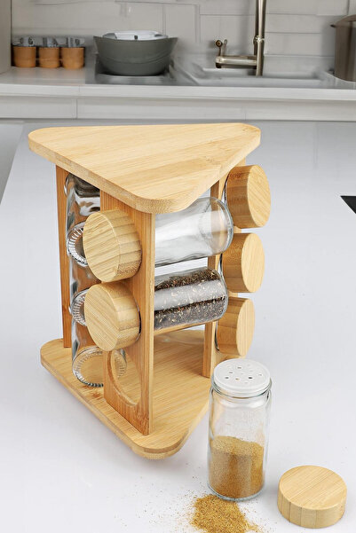 welcomein Bambulu Döner Standlı 9'lu Cam Baharatlık Seti – Kapaklı Düzenleyici