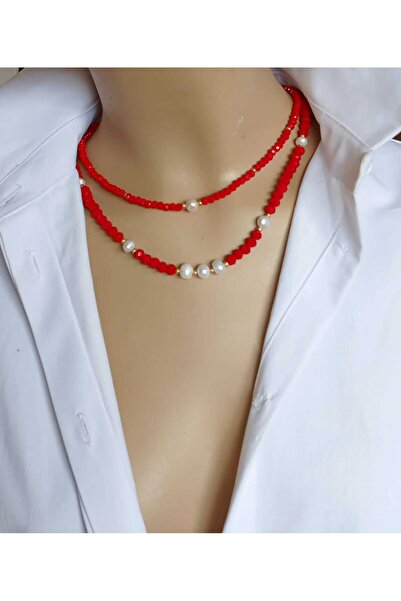 shop Freshwater Pearl & Red Crystal Beads 2 Rows Design Necklace
