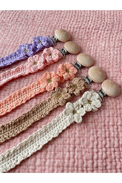 The Cloudish Shop el örgüsü bebek çiçekli emzik askısı, emzik zinciri gold çi...