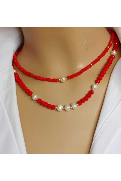 shop Freshwater Pearl & Red Crystal Beads 2 Rows Design Necklace