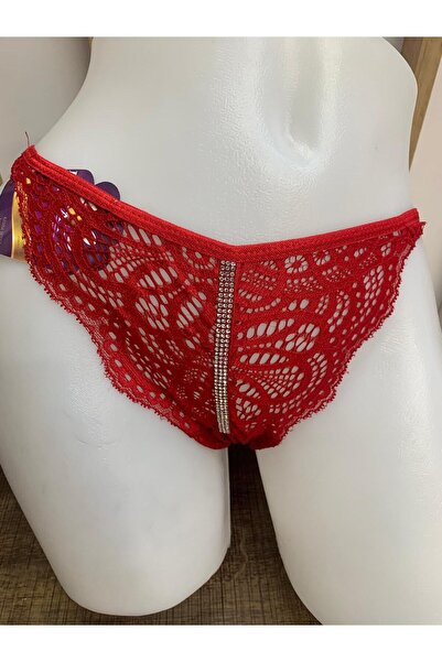 BELLİZZİ Chiloți din dantelă și cu pietre aplicate roșu pentru femei, 2 bucăți, slip bikini 1908