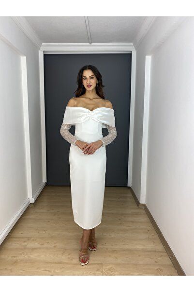 gökkuşagı moda Beyaz Kayık Yaka Midi Uzun Kollu Arka Yırtmaç Detaylı Abiye Elbise
