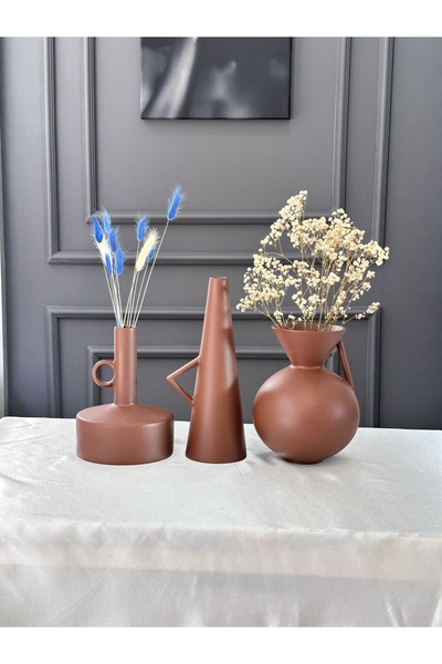 Smyrna Dekorasyon İskandinav Tarzı Viking Üçlü Vazo Seti Çiçek Hediyeli - Kah...