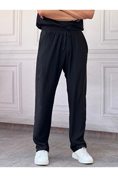 MODEFENDİ Men's Black Elastic Waist Lace-Up Slim Fit Ribbed Jogger Pants