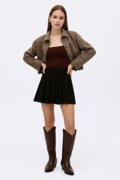 Fashion Friends Fusta mini plisată cu talie înaltă elastică, neagră