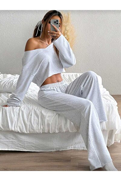 CANDERO ملابس رياضية نسائية رمادية فضفاضة كبيرة الحجم ذات جودة عالية وقصة فضف...