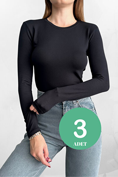 macharel jeans Black 3-Pack Crew Neck Basic Long Sleeve Women's Blouse