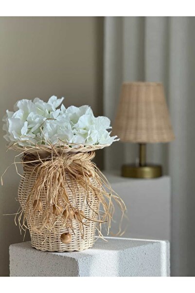 Maison Avf Σετ 2 χειροποίητων βάζων από ρατάν & τεχνητό λουλούδι ορτανσίας