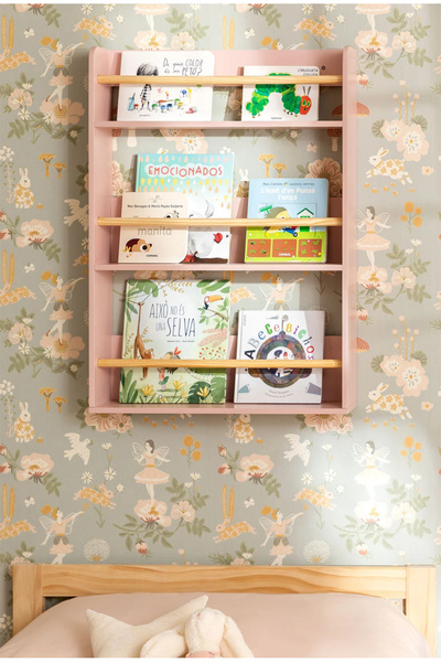 Simy Çocuk Odası Ahşap Duvar Kitaplığı | Pembe Kitap Rafı