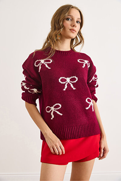 Olalook Women's Burgundy Bow Detailed Soft Textured Thick Knit Sweater Kzk-19001010