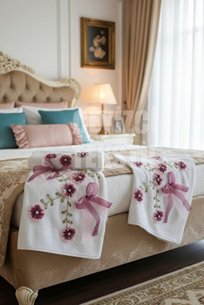 Çt Çeyizci Tekstil Velvet Dowry Towel, Engagement Towel with Velvet Ribbon, Ribbon Work Lace Towel Purple