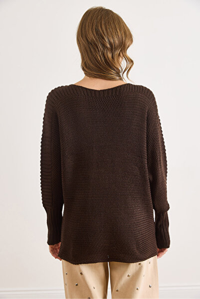 Olalook Women's Brown Sleeve Detailed Honeycomb Knit Sweater Kzk-19000399