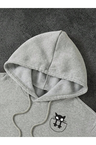 AFROGİYİM Women's Cute Cat Printed 2 Thread Ruched Hooded Sweatshirt