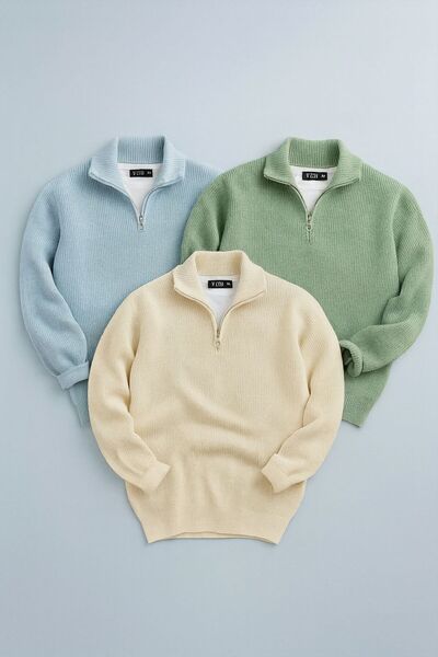 oneoff Πακέτο με 3 ανδρικά πλεκτά πουλόβερ με κοτλέ μισά φερμουάρ και λεπτομέρεια στο γιακά, σμαραγδί μπορντό μπεζ πλακάκι