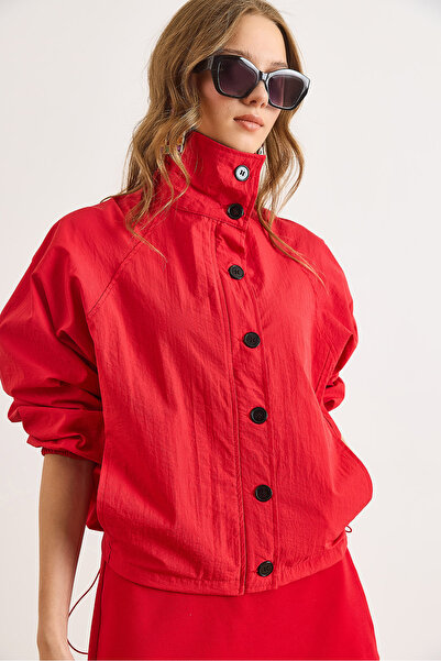 Olalook Women's Red Six-Pocket Button and Zipper Closure Jacket Ckt-19000477