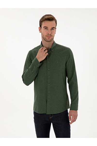 Cacharel Yeşil Slim Fit Pamuk Karışımlı Yakası Düğmeli Flanel Gömlek 50318243-VR054