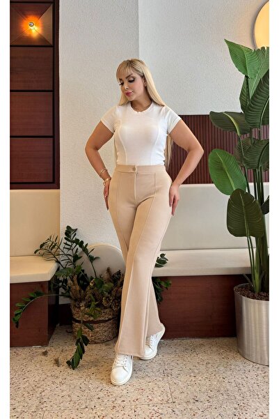 Butik Nilyam Women's Plus Size Pants Crepe Fabric Lycra Pocketless Spanish Leg Trousers 25030