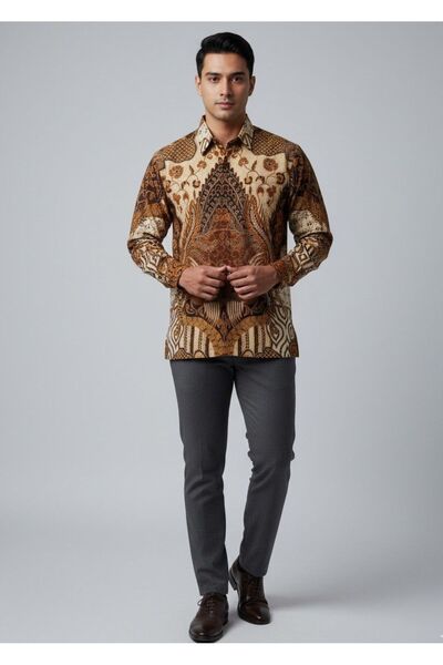 Cash Trade قميص منقوش بالباتيك - بني. قميص باتيك إندونيسي (مقاس L-XL)