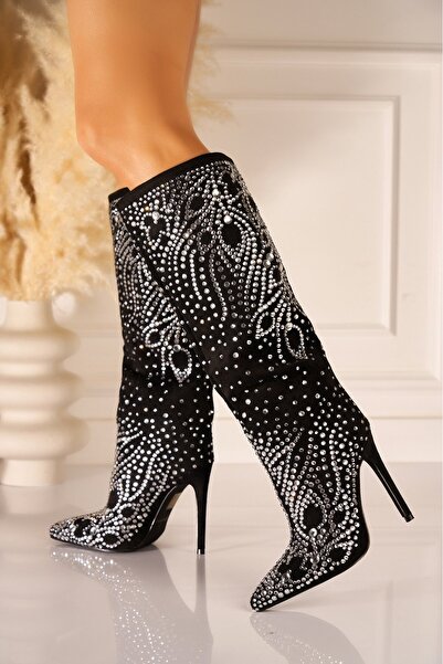 Joana Μαύρες σουέτ μπότες στιλέτο με τακούνι 11cm, μέγεθος 38