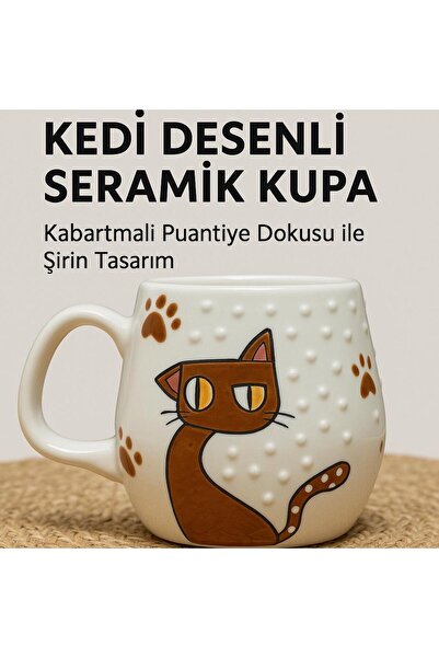 Kedi Desenli Seramik Kupa – Kabartmalı Puantiye Dokulu Şirin Tasarım