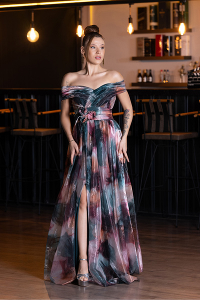 Abiyefon Soğan Kabuğu Kayık Yaka Uzun Empirme Abiye Elbise ABU5262