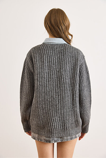 Olalook Kadın Füme Denim Detaylı Çıtçıtlı Triko Gömlek Hırka HRK-19000417
