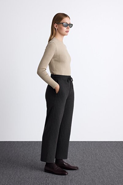 Fashion Friends Stretchy High Waist Wide Leg Striped Trousers Anthracite