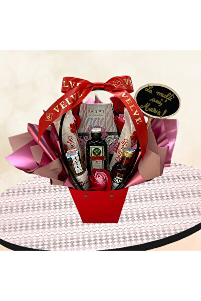 velve Delice gift basket, banner and text "Happy Birthday, Maria!", roses, Lattafa Perfume, Liquor, Red