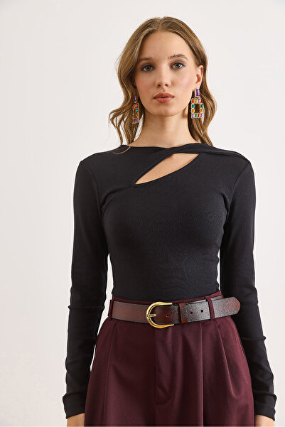 Olalook Kadın Siyah Pamuk Modal Damla Dekolteli Esnek Bluz BLZ-19003130