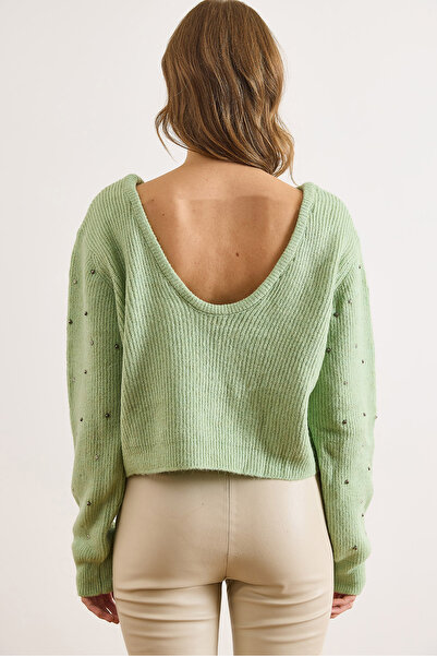Olalook Kadın Çağla Yeşili Ön Arka Havuz Yaka İnci Taş Detaylı Triko Kazak KZK-19000879