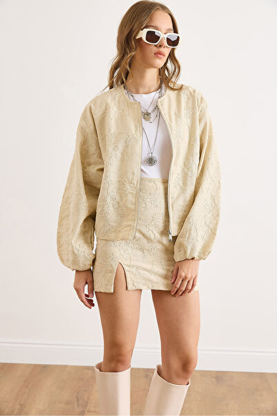 Olalook Kadın Taş Astarlı Nakışlı Cepli Mevsimlik Bomber Ceket CKT-19000481