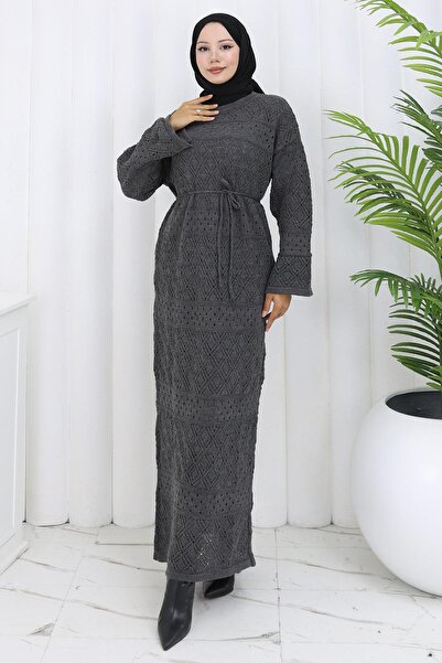 hafsamina Astarlı Bağcıklı Ajurlu Elbise Füme HM2840