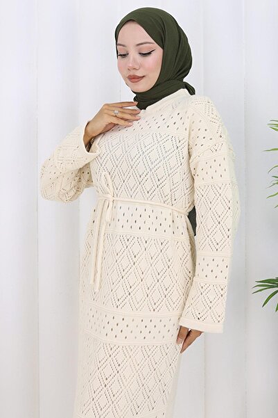 hafsamina Φόρεμα με επένδυση με κορδόνια δαντελωτή πλέξη Μπεζ HM2840