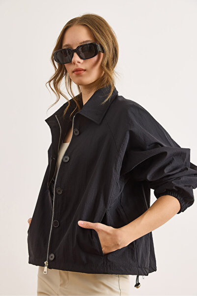 Olalook Жіночий чорний піджак з шістьма кишенями, застібкою на ґудзики та блискавкою CKT-19000477