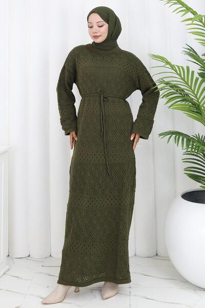 hafsamina Φόρεμα με επένδυση με κορδόνια δαντελωτή πλέξη Χακί HM2840