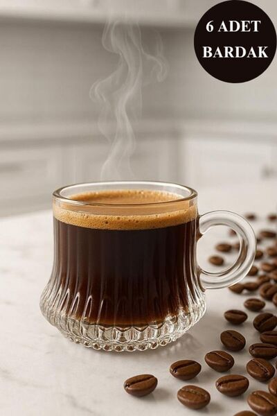 isra kristal 6-Piece Glass Coffee Cup Set – Modern Espresso and Turkish Coffee Cups with Handles - Set of 6 Cups