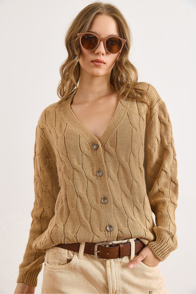 Olalook Kadın Camel Saç Örgülü Triko Hırka HRK-19000298