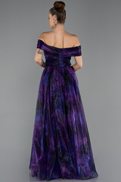 Abiyefon Mor Kayık Yaka Yırtmaçlı Uzun Empirme Abiye Elbise ABU5262