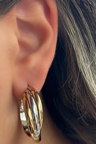 TAKIŞTIR أقراط دائرية من الفولاذ باللون الذهبي والفضي (زوج)