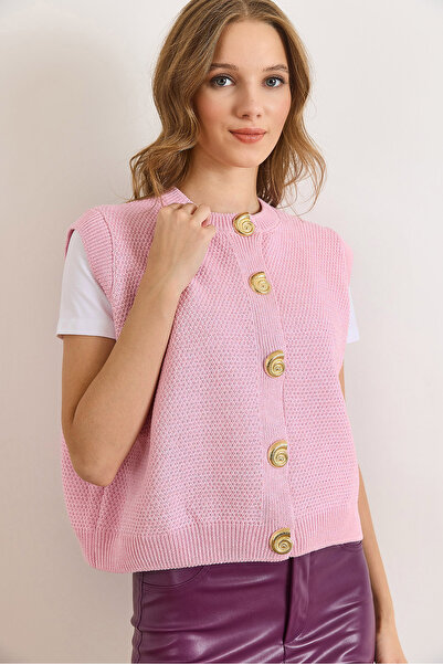 Olalook Women's Candy Pink Spiral Snap Detailed Tight Knit Thick Knitwear Vest Ylk-19000091