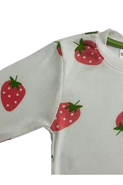 elmas kids Girl's 100% Cotton Ecru Strawberry Patterned Crew Neck Long Sleeve Pajama Set