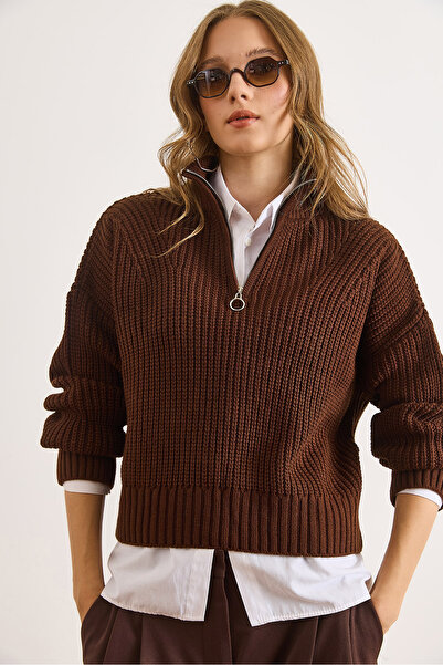 Olalook Women's Brown Stand Collar Zippered Basic Knitwear Sweater Kzk-19001014