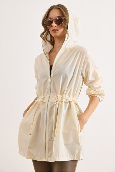 Olalook Women's Ecru Hooded Mesh Zippered Drawstring Raincoat Jacket Ckt-19000479