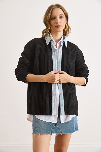 Olalook Kadın Siyah Denim Detaylı Çıtçıtlı Triko Gömlek Hırka HRK-19000417