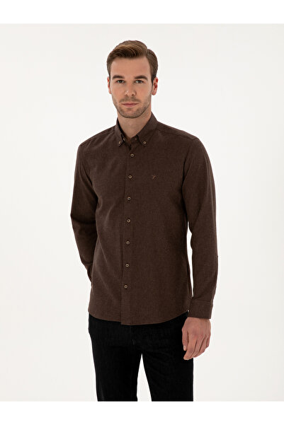 Cacharel Koyu Kahverengi Slim Fit Pamuk Karışımlı Yakası Düğmeli Flanel Gömlek 50318243-VR084
