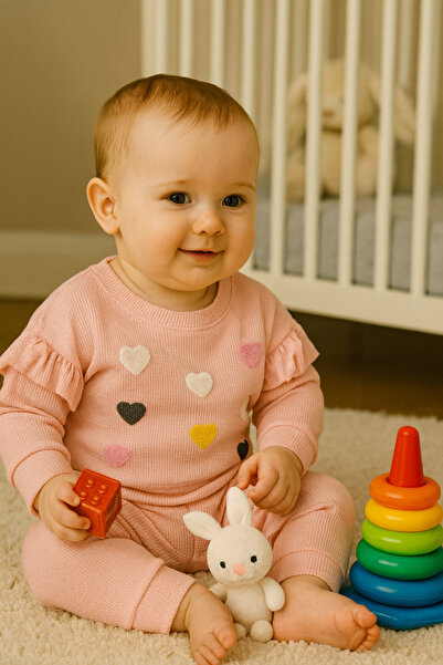 Renata's طقم ملابس علوي وسفلي من قماش الوافل على شكل قلب للفتيات الصغيرات مكو...