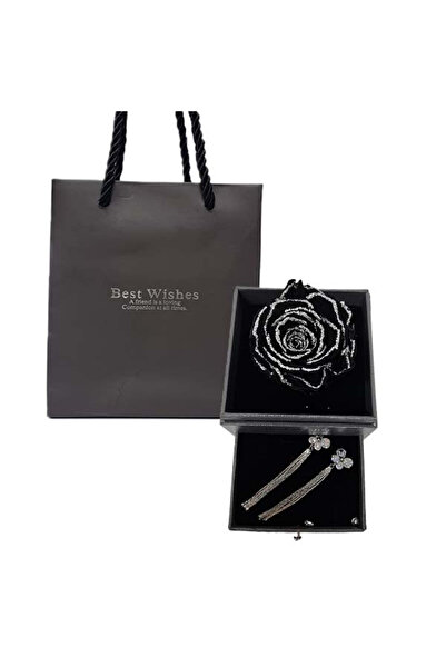 velve Trandafir criogenat in cutiuta cu sertar si cercei eleganti, negru, Negru
