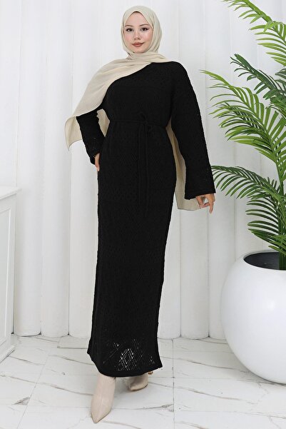 hafsamina Astarlı Bağcıklı Ajurlu Elbise Siyah HM2840