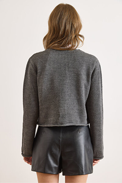 Olalook Women's Smoked Open Knit Pocketed Buttoned Thick Knitwear Jacket Ckt-19000480