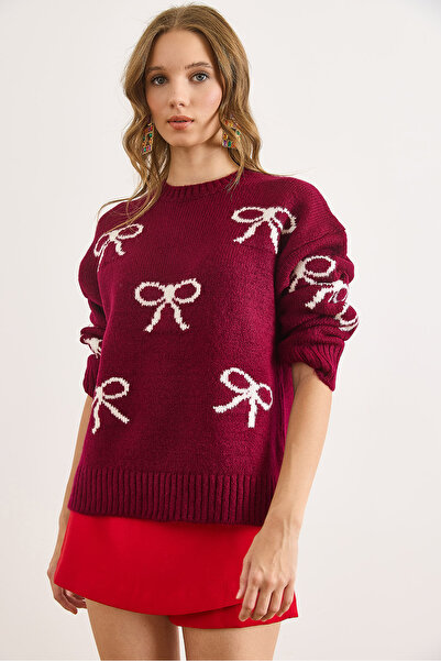 Olalook Women's Burgundy Bow Detailed Soft Textured Thick Knit Sweater Kzk-19001010